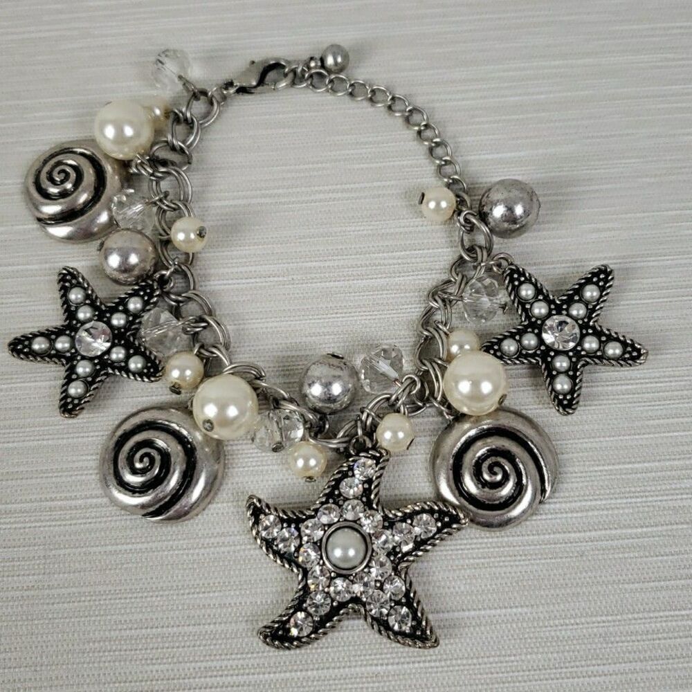 Starfish Faux Pearl Charm Link Bracelet 6" Glass Metal Bead Silver Tone Beach